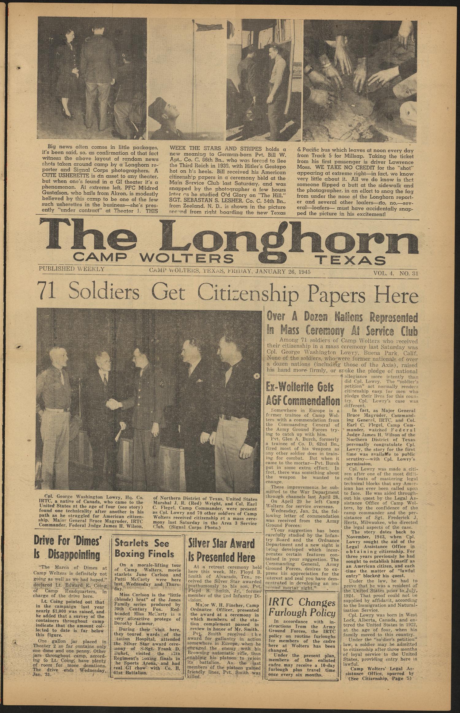 The Longhorn (Camp Wolters, Tex.), Vol. 4, No. 31, Ed. 1 Friday, January 26, 1945
                                                
                                                    [Sequence #]: 1 of 8
                                                