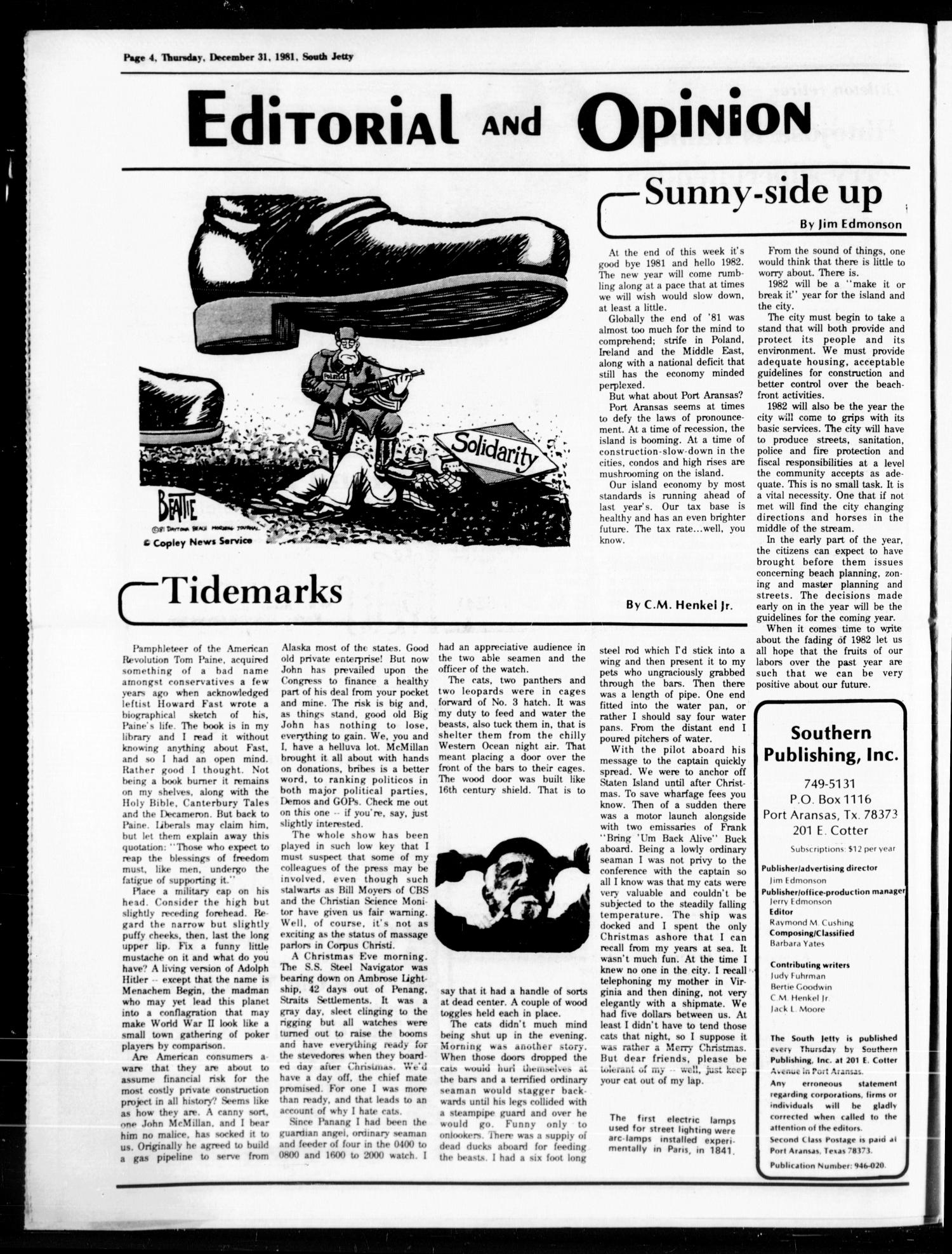 Port Aransas South Jetty (Port Aransas, Tex.), Vol. 11, No. 52, Ed. 1 Thursday, December 31, 1981
                                                
                                                    [Sequence #]: 4 of 20
                                                