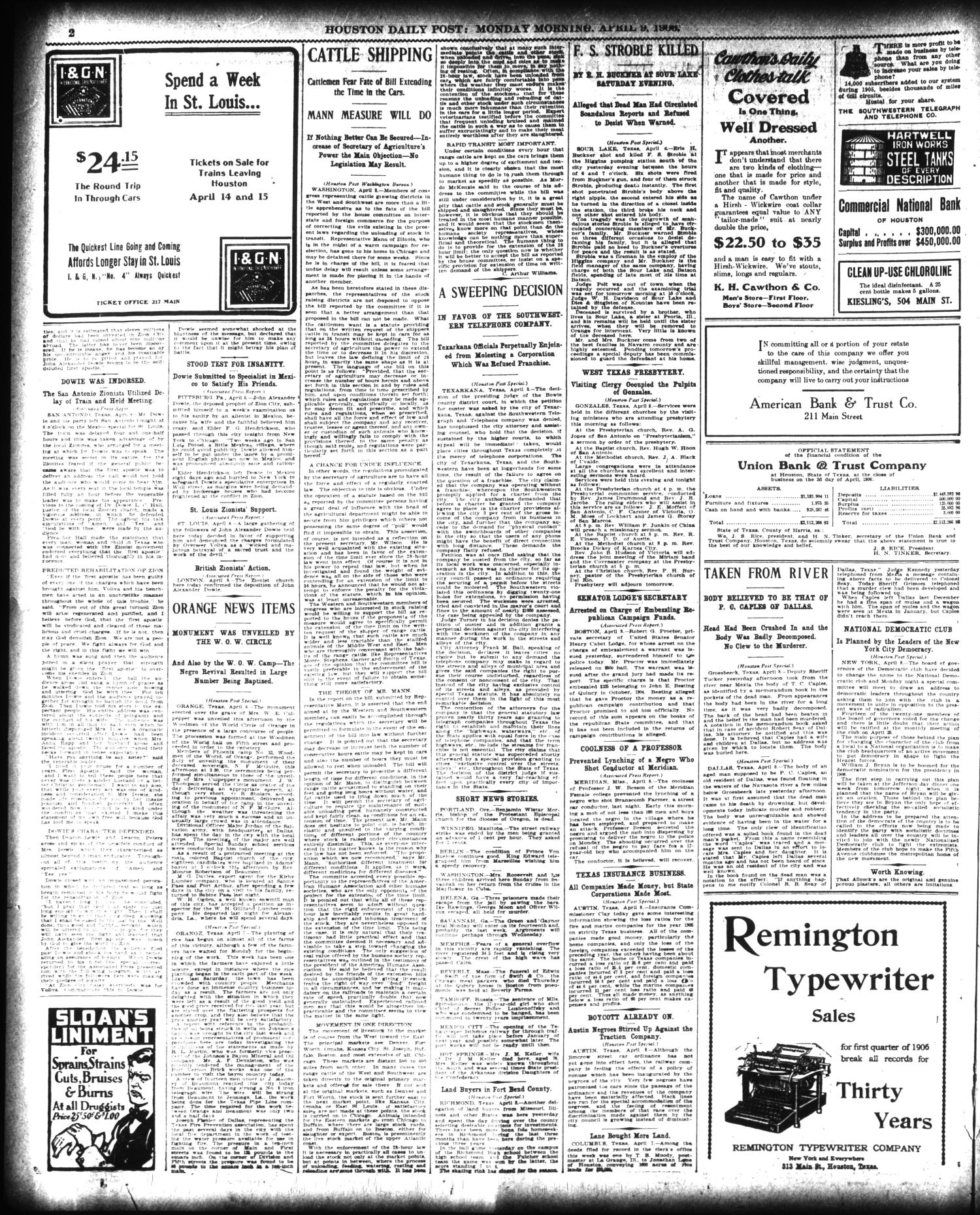 The Houston Post. (Houston, Tex.), Vol. 22, Ed. 1 Monday, April 9, 1906
                                                
                                                    [Sequence #]: 2 of 12
                                                