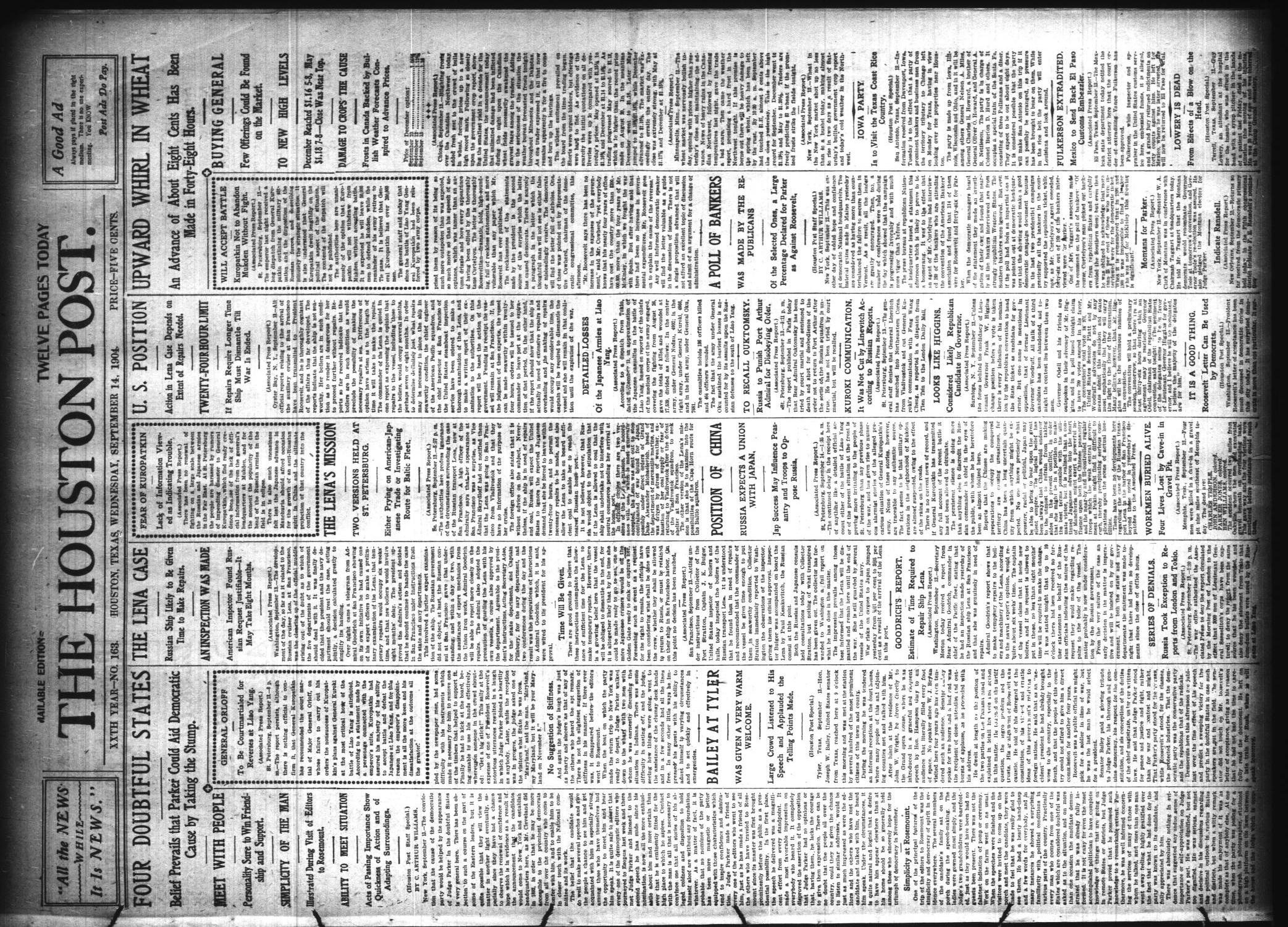 The Houston Post. (Houston, Tex.), Vol. 20, No. 163, Ed. 1 Wednesday, September 14, 1904
                                                
                                                    [Sequence #]: 1 of 12
                                                