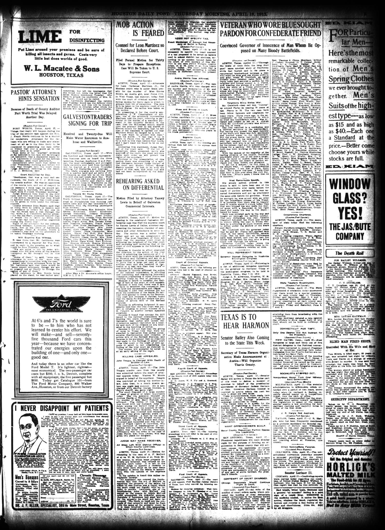 The Houston Post. (Houston, Tex.), Vol. 27, Ed. 1 Thursday, April 18, 1912
                                                
                                                    [Sequence #]: 3 of 18
                                                