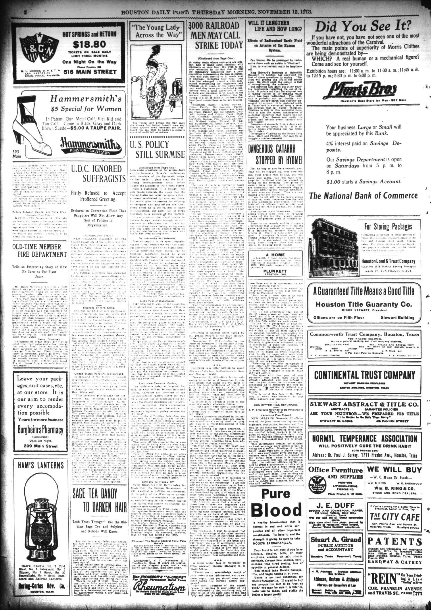 The Houston Post. (Houston, Tex.), Vol. 28, Ed. 1 Thursday, November 13, 1913
                                                
                                                    [Sequence #]: 2 of 20
                                                