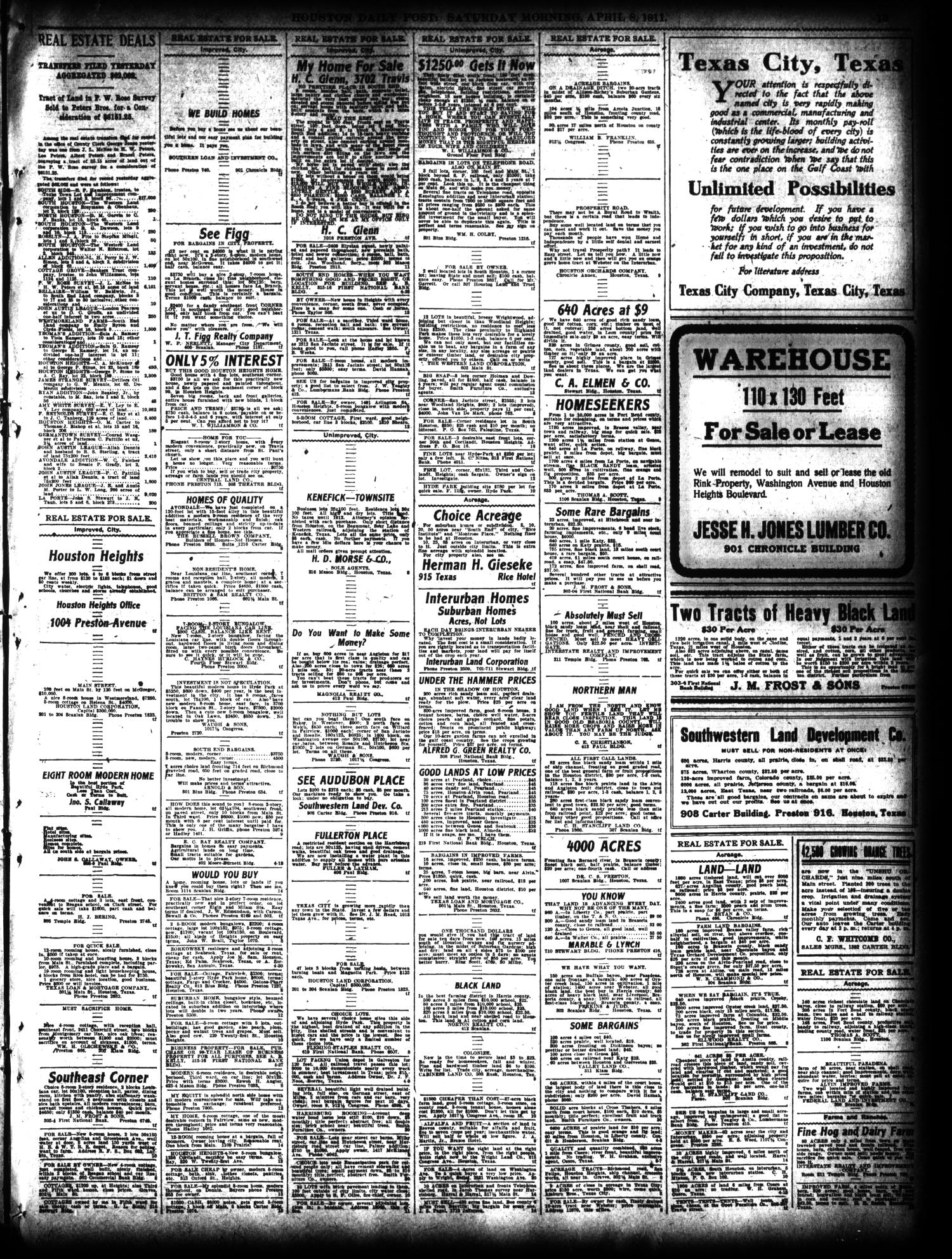 The Houston Post Houston Tex Vol 27 Ed 1 Saturday April 8 1911 Page 13 Of 16 The Portal To Texas History