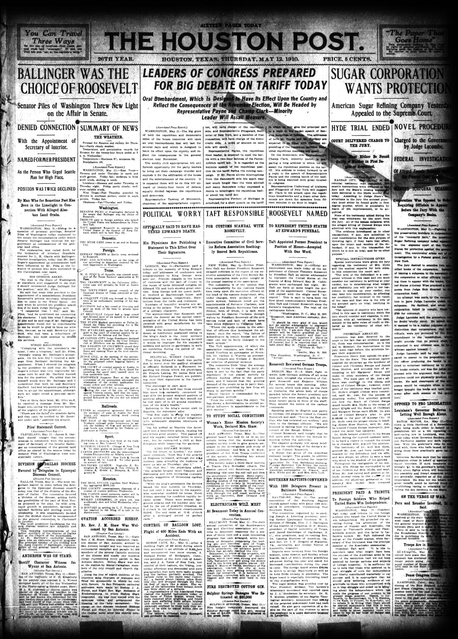 The Houston Post. (Houston, Tex.), Vol. 26, Ed. 1 Thursday, May 12, 1910
                                                
                                                    [Sequence #]: 1 of 16
                                                