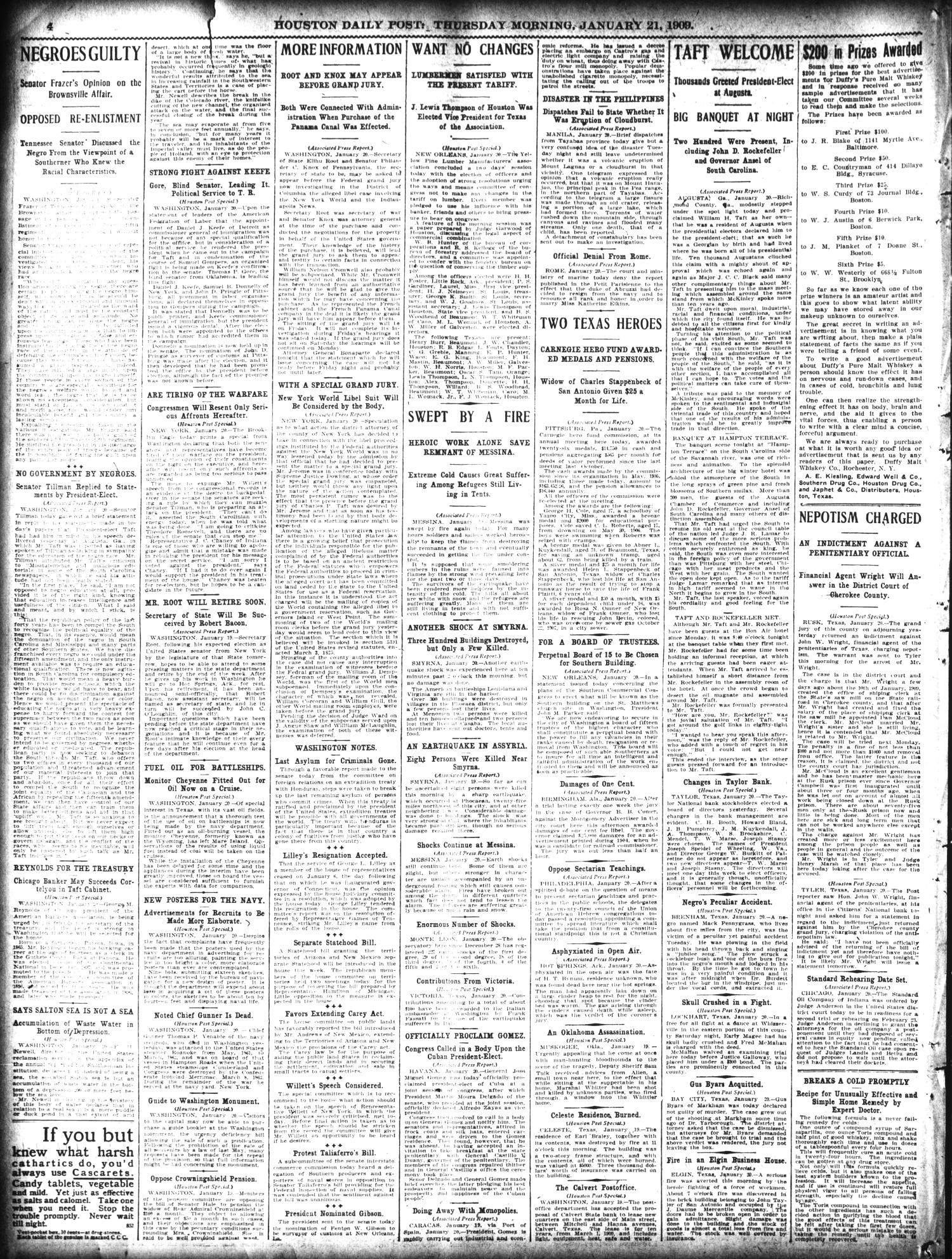 The Houston Post. (Houston, Tex.), Vol. 24, Ed. 1 Thursday, January 21, 1909
                                                
                                                    [Sequence #]: 4 of 16
                                                