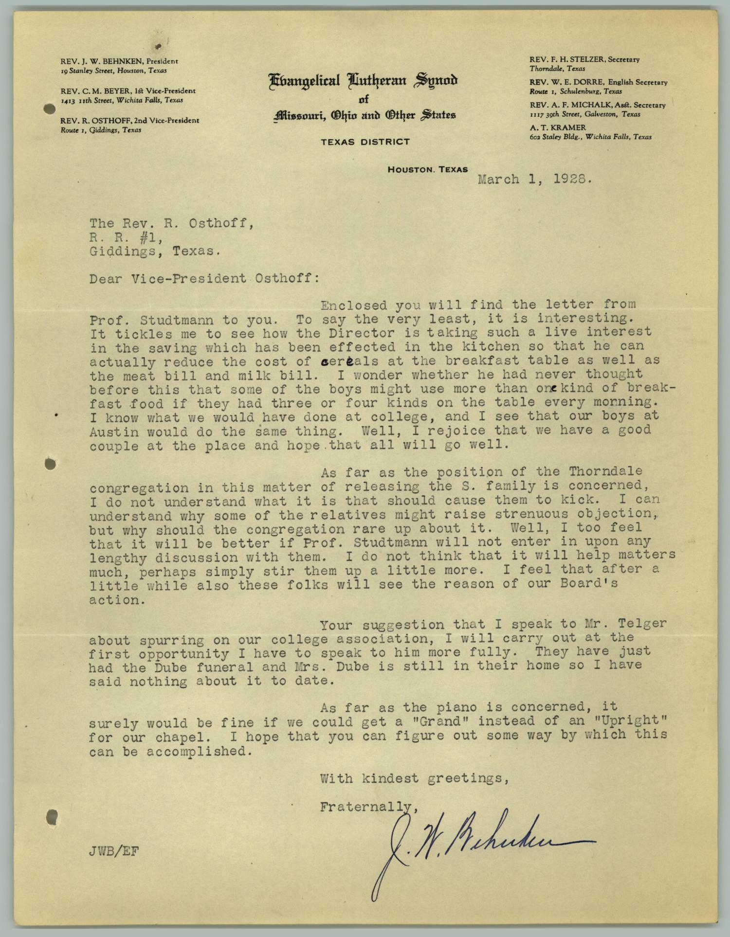 [Letter from J. W. Behnken to R. Osthoff, March 1, 1928]
                                                
                                                    [Sequence #]: 1 of 2
                                                