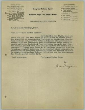 Primary view of object titled '[Letter from William Hagen to the Reverend R. Osthoff, July 23, 1927]'.