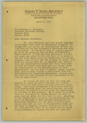 Primary view of object titled '[Letter from Harvey P. Smith to Henry Studtmann, April 8, 1930]'.