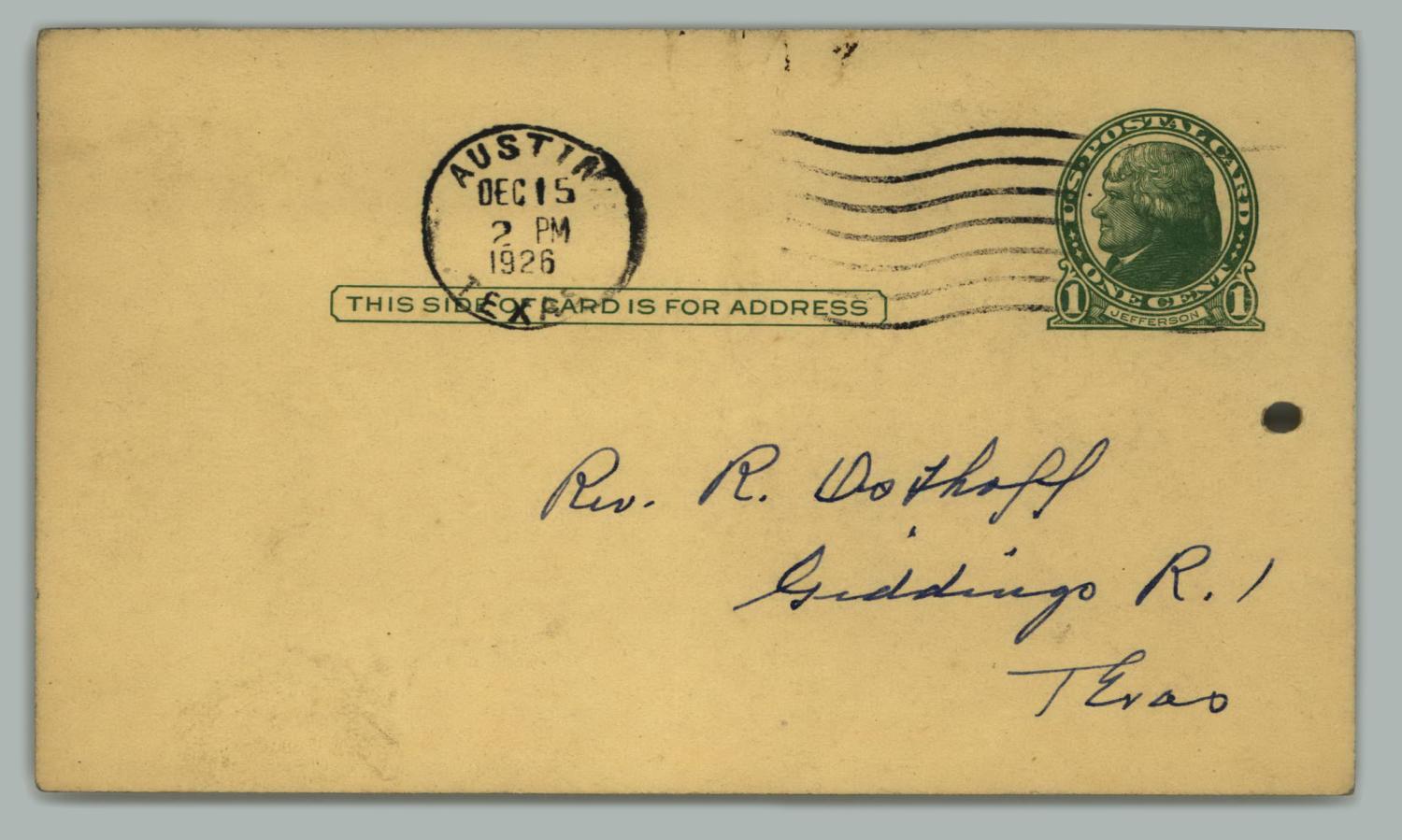 [Postcard from H. Studtmann to Reverend R. Osthoff, December 15, 1926]
                                                
                                                    [Sequence #]: 2 of 2
                                                
