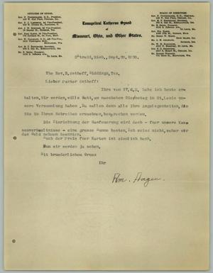 [Letter from William Hagen to the Reverend R. Osthoff, September 20, 1930]
