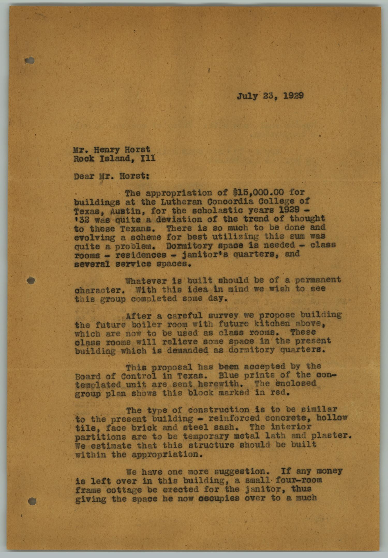 [Letter from Arthur Fehr to Henry W. Horst, July 23, 1929]
                                                
                                                    [Sequence #]: 1 of 2
                                                