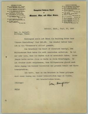 [Letter from William Hagen to the Reverend R. Osthoff, September 30, 1929]