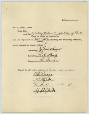 Primary view of object titled '[Letter from Board of Control of Lutheran Concordia College of Texas to E. Seuel, November 9, 1920]'.