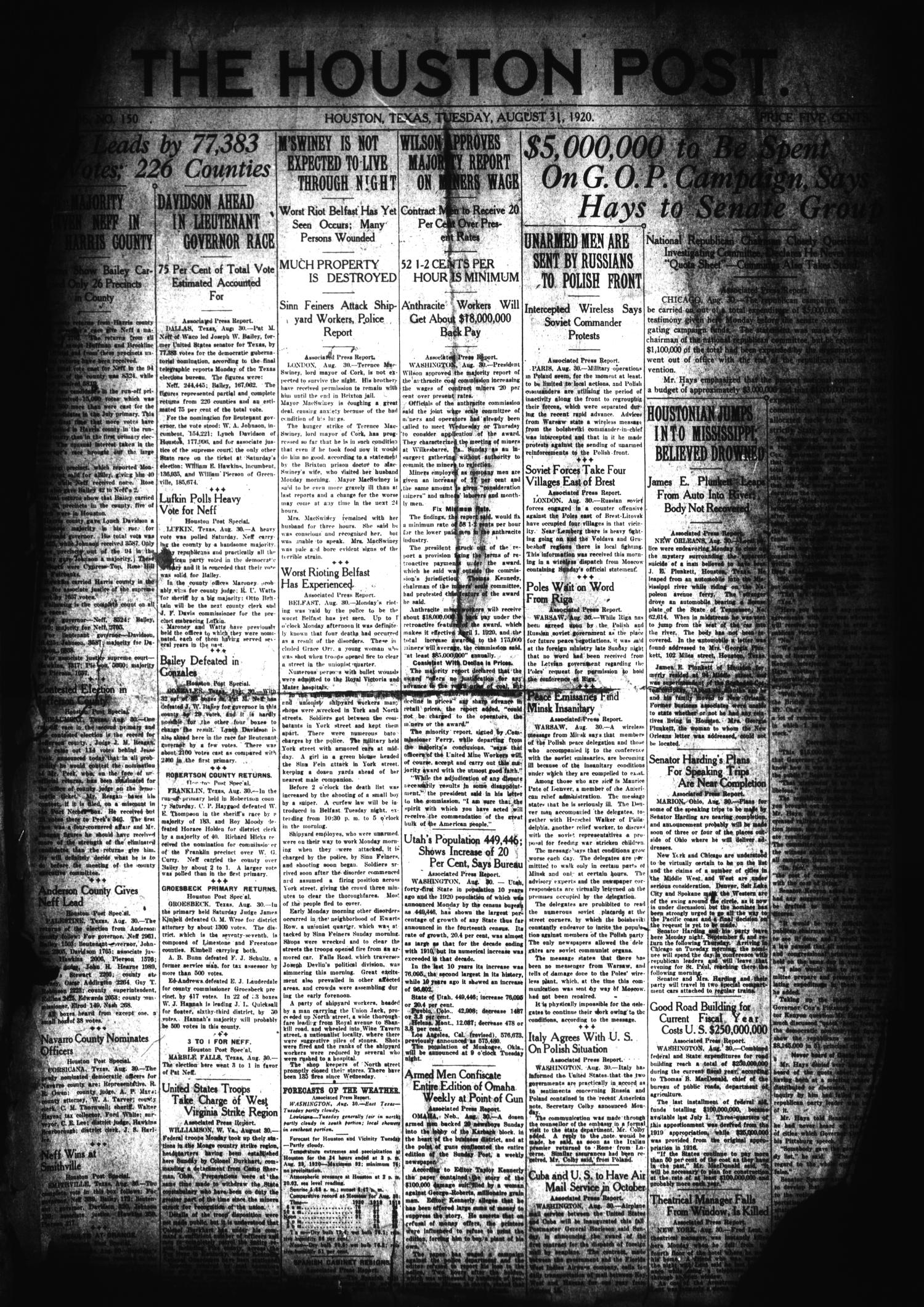 The Houston Post. (Houston, Tex.), Vol. 36, No. 150, Ed. 1 Tuesday, August 31, 1920
                                                
                                                    [Sequence #]: 1 of 2
                                                