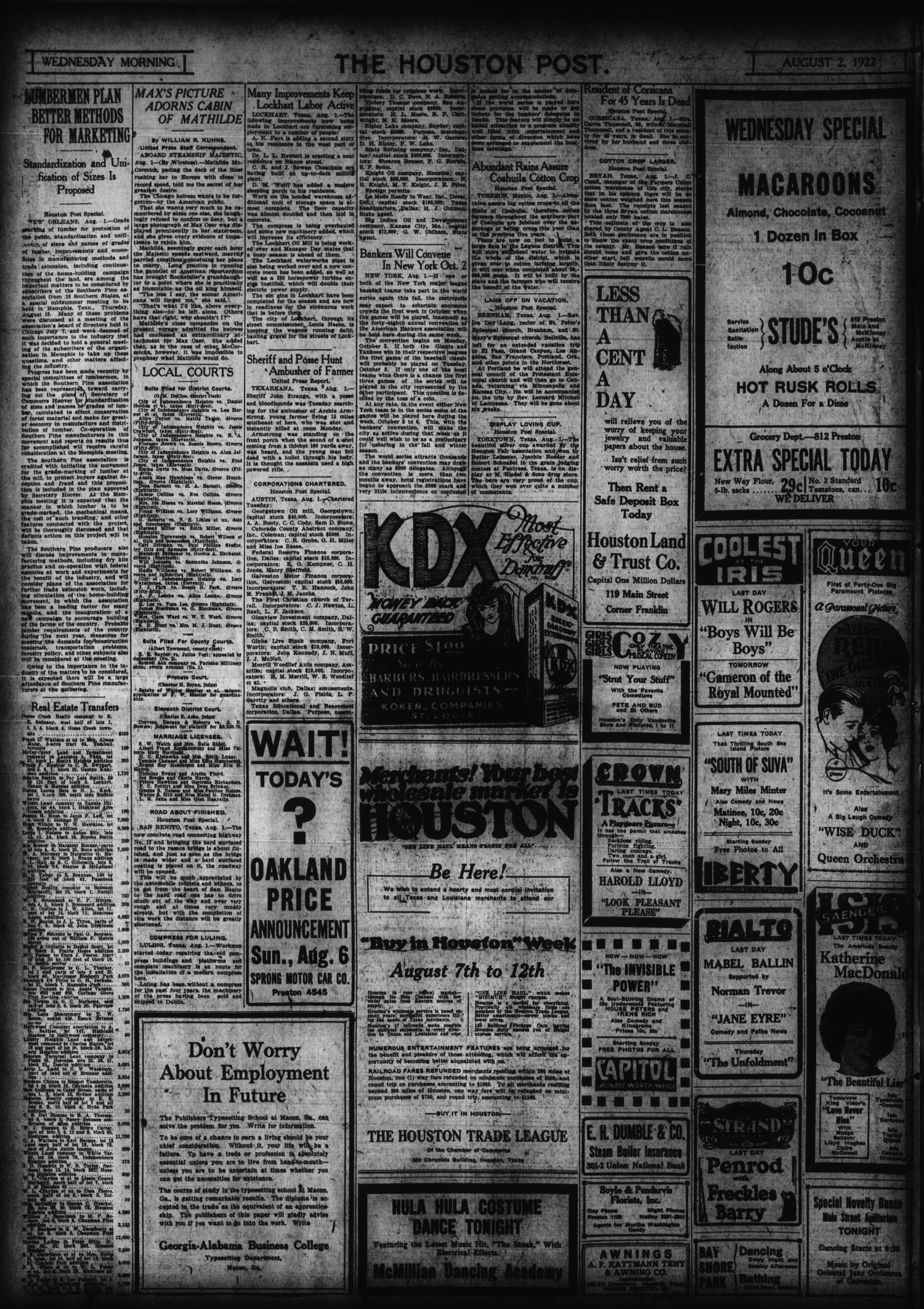 The Houston Post. (Houston, Tex.), Vol. 38, No. 120, Ed. 1 Wednesday, August 2, 1922
                                                
                                                    [Sequence #]: 14 of 14
                                                
