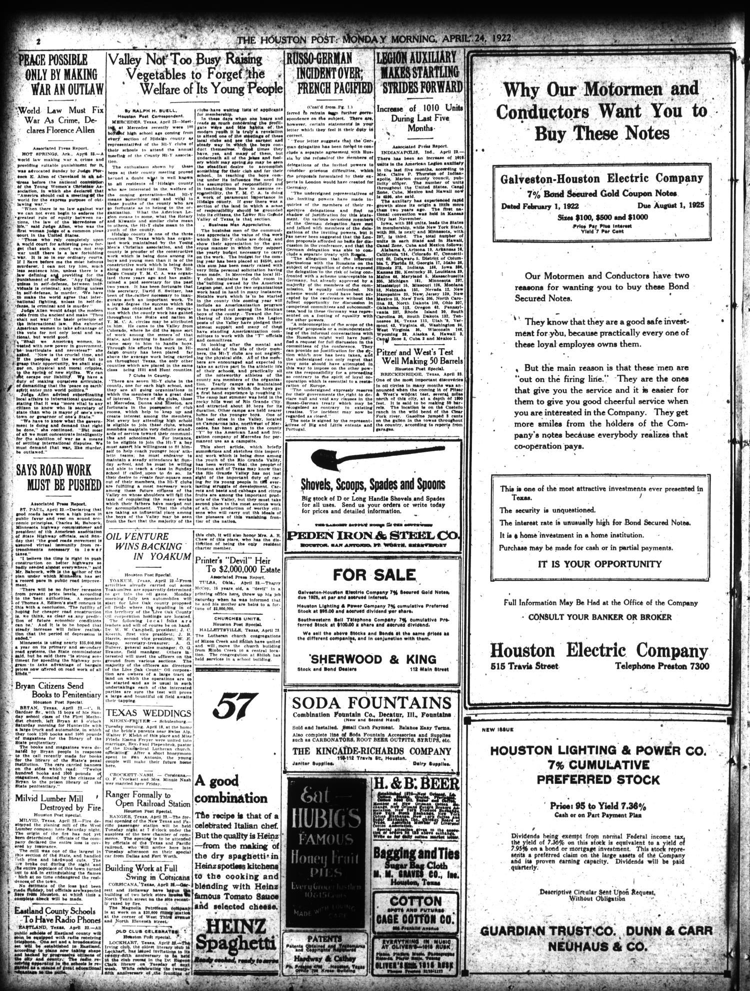 The Houston Post. (Houston, Tex.), Vol. 38, No. 20, Ed. 1 Monday, April 24, 1922
                                                
                                                    [Sequence #]: 2 of 12
                                                