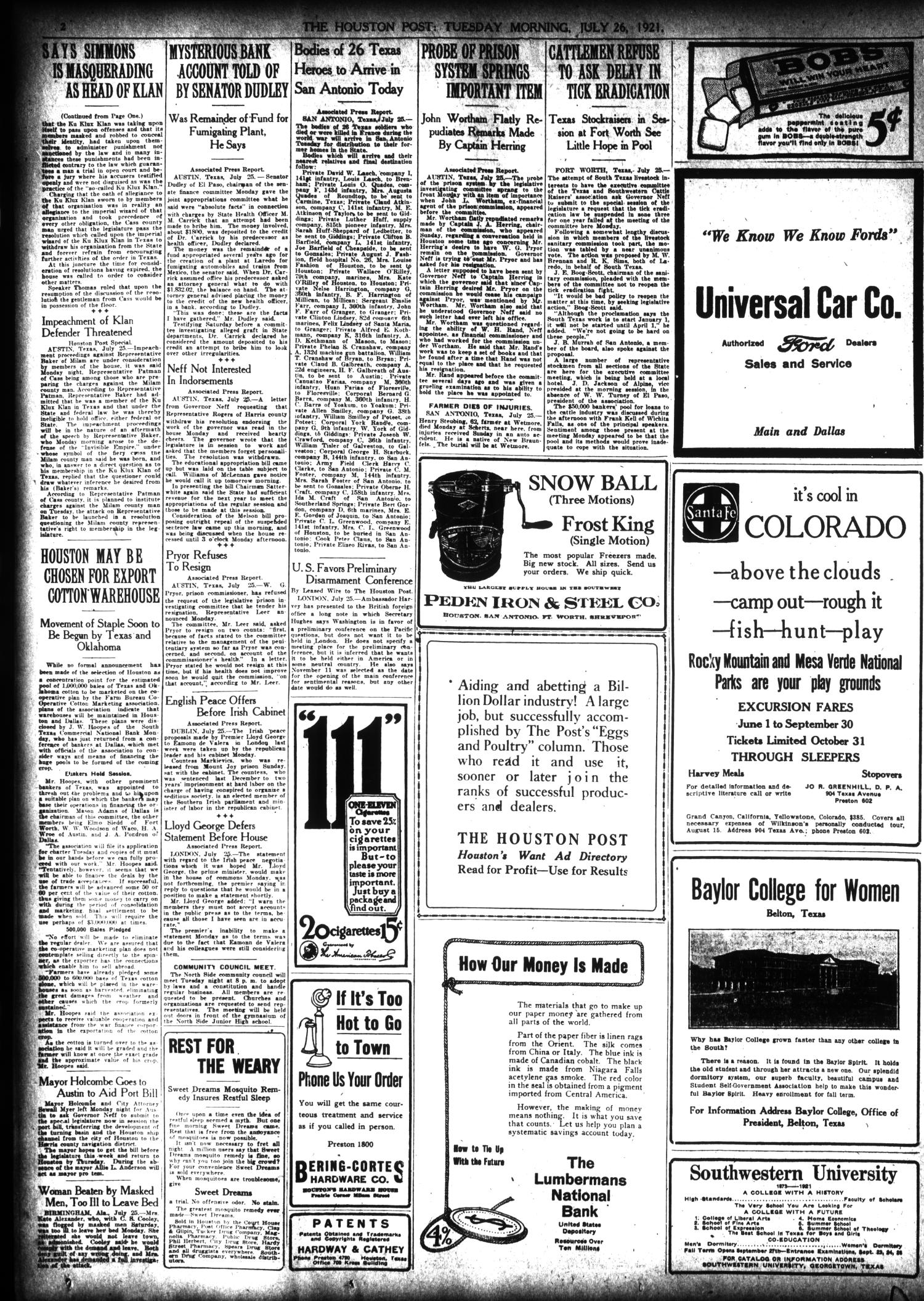 The Houston Post. (Houston, Tex.), Vol. 37, No. 113, Ed. 1 Tuesday, July 26, 1921
                                                
                                                    [Sequence #]: 2 of 14
                                                