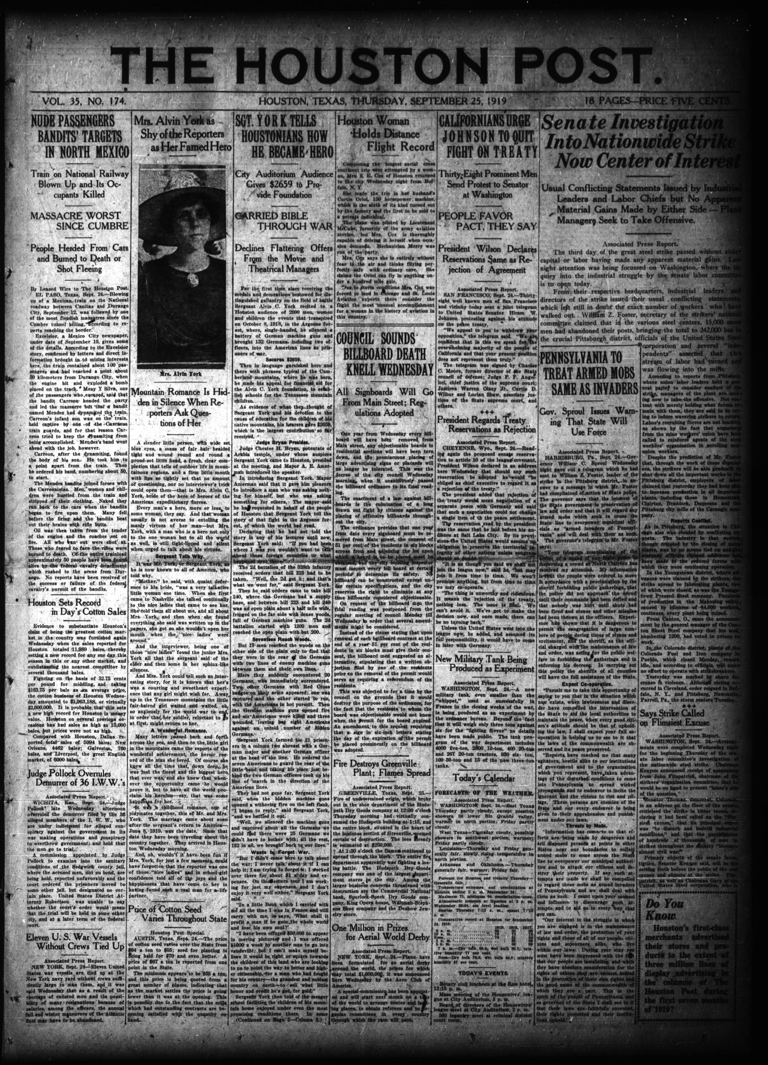 The Houston Post. (Houston, Tex.), Vol. 35, No. 174, Ed. 1 Thursday, September 25, 1919
                                                
                                                    [Sequence #]: 1 of 18
                                                