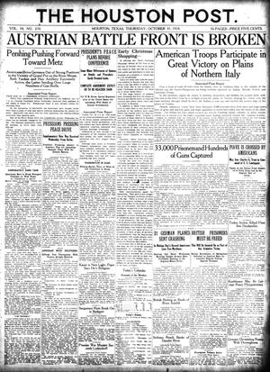 The Houston Post. (Houston, Tex.), Vol. 34, No. 210, Ed. 1 Thursday, October 31, 1918