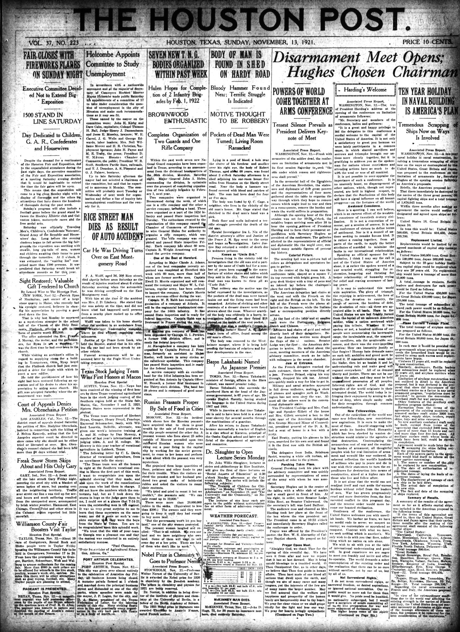 The Houston Post. (Houston, Tex.), Vol. 37, No. 223, Ed. 1 Sunday, November 13, 1921
                                                
                                                    [Sequence #]: 1 of 40
                                                