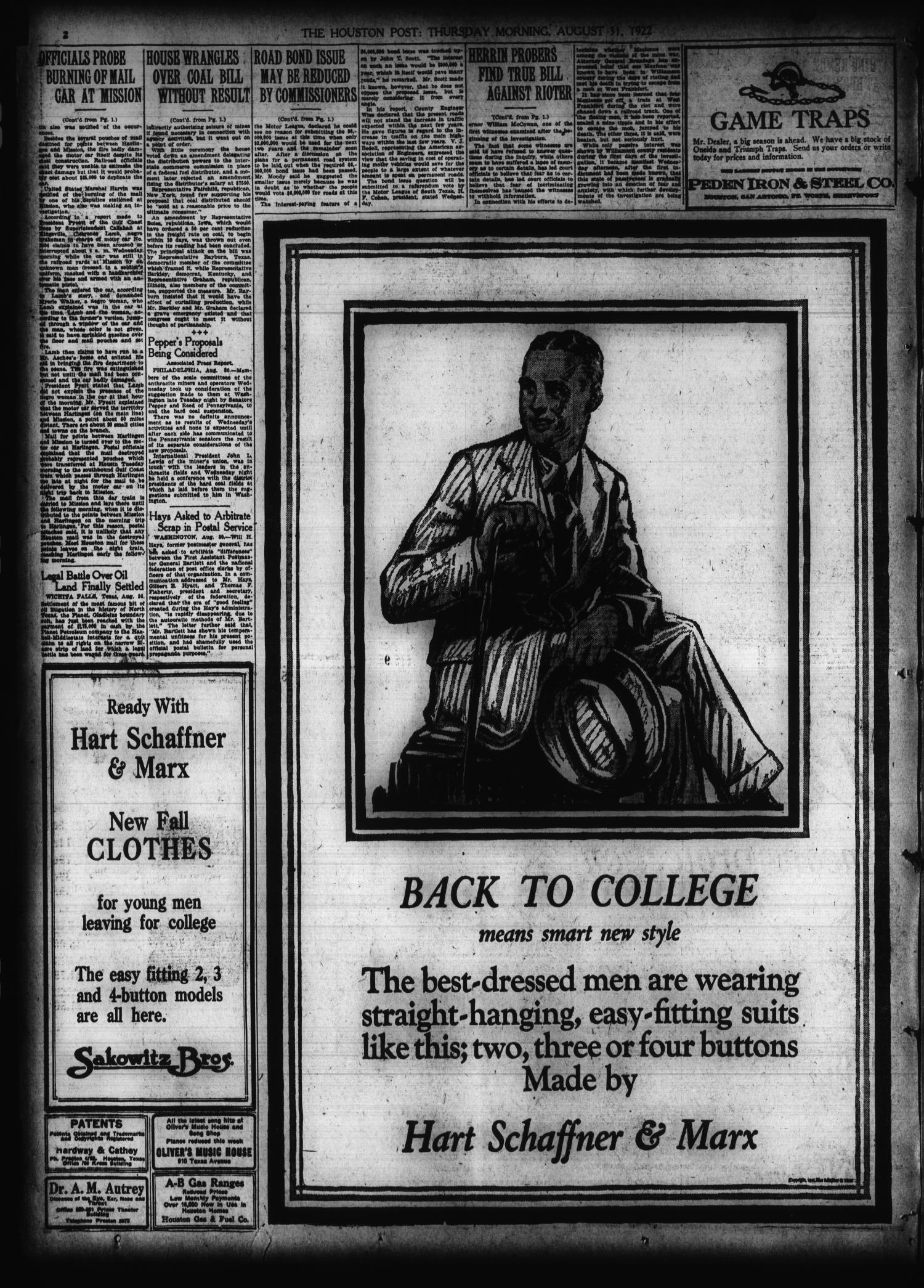 The Houston Post. (Houston, Tex.), Vol. 38, No. 149, Ed. 1 Thursday, August 31, 1922
                                                
                                                    [Sequence #]: 2 of 16
                                                