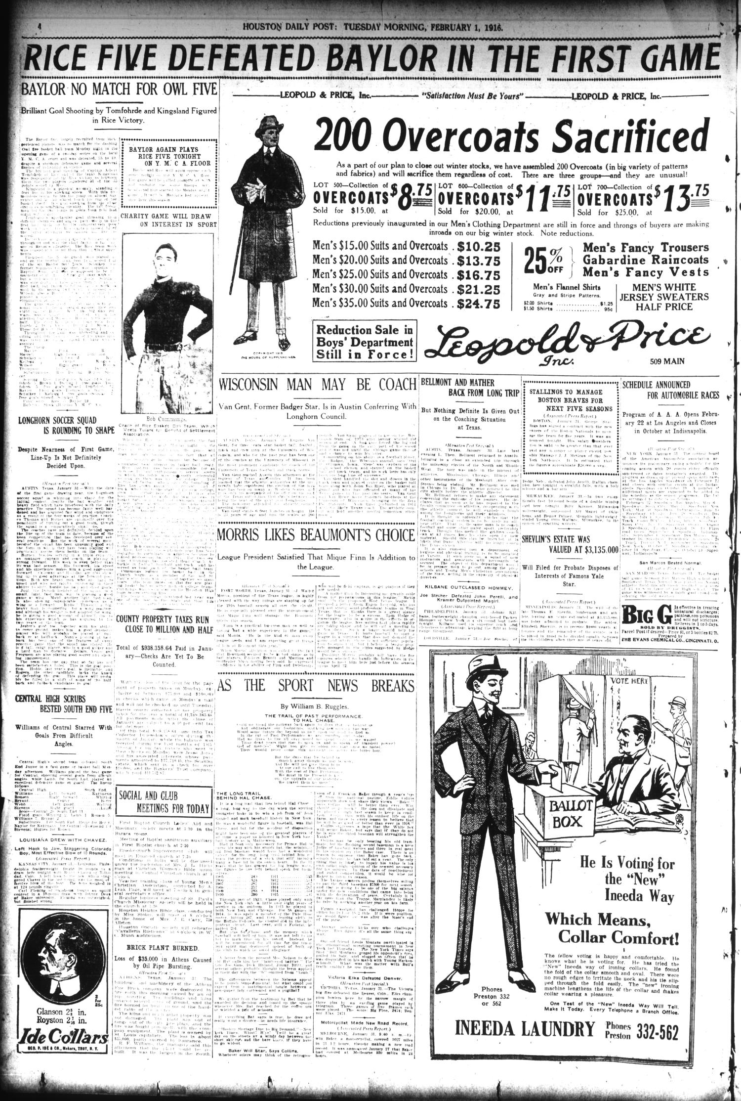 The Houston Post. (Houston, Tex.), Vol. 30, No. 304, Ed. 1 Tuesday, February 1, 1916
                                                
                                                    [Sequence #]: 4 of 16
                                                