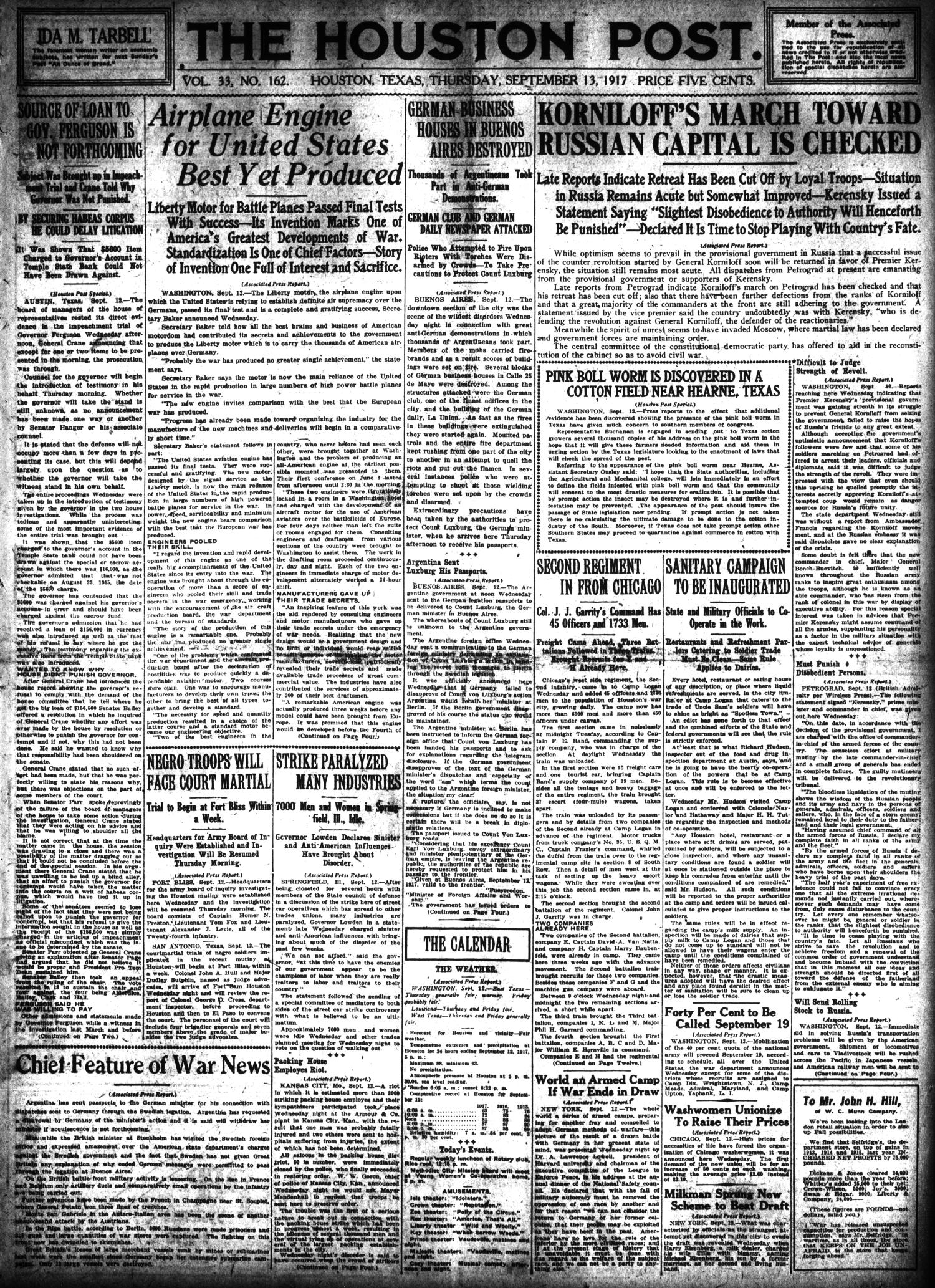 The Houston Post. (Houston, Tex.), Vol. 33, No. 162, Ed. 1 Thursday, September 13, 1917
                                                
                                                    [Sequence #]: 1 of 16
                                                