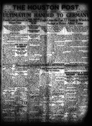 Primary view of object titled 'The Houston Post. (Houston, Tex.), Vol. 34, No. 219, Ed. 1 Saturday, November 9, 1918'.