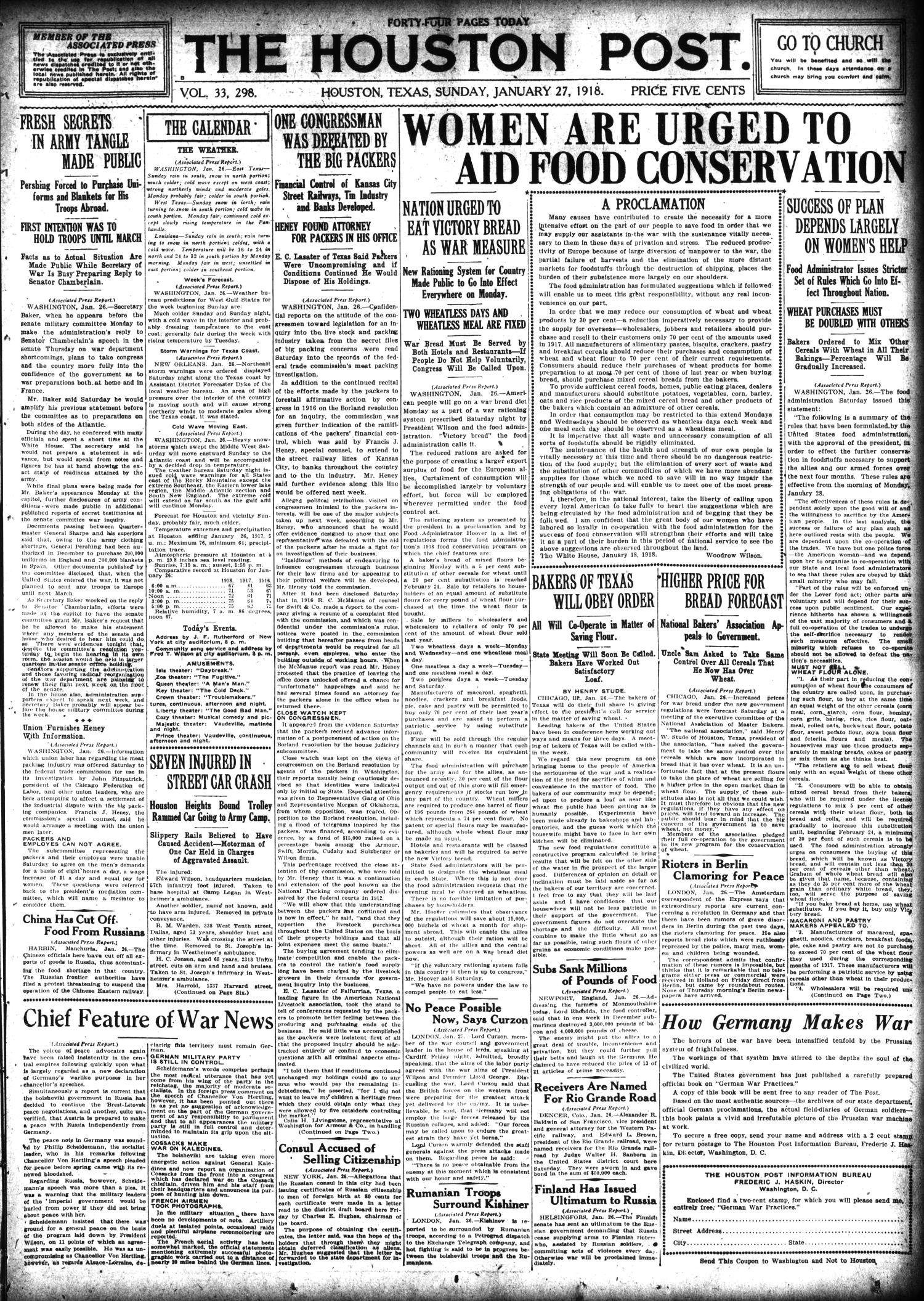 The Houston Post. (Houston, Tex.), Vol. 33, No. 298, Ed. 1 Sunday, January 27, 1918
                                                
                                                    [Sequence #]: 1 of 44
                                                