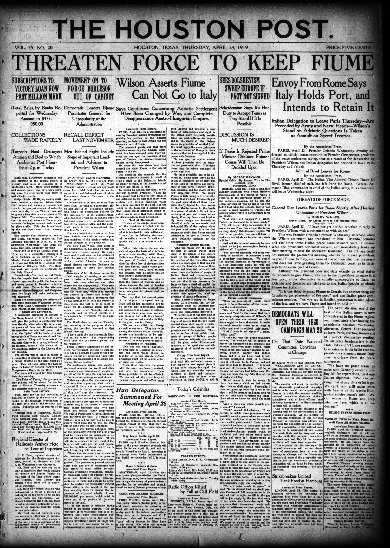 The Houston Post. (Houston, Tex.), Vol. 35, No. 20, Ed. 1 Thursday, April 24, 1919
                                                
                                                    [Sequence #]: 1 of 16
                                                