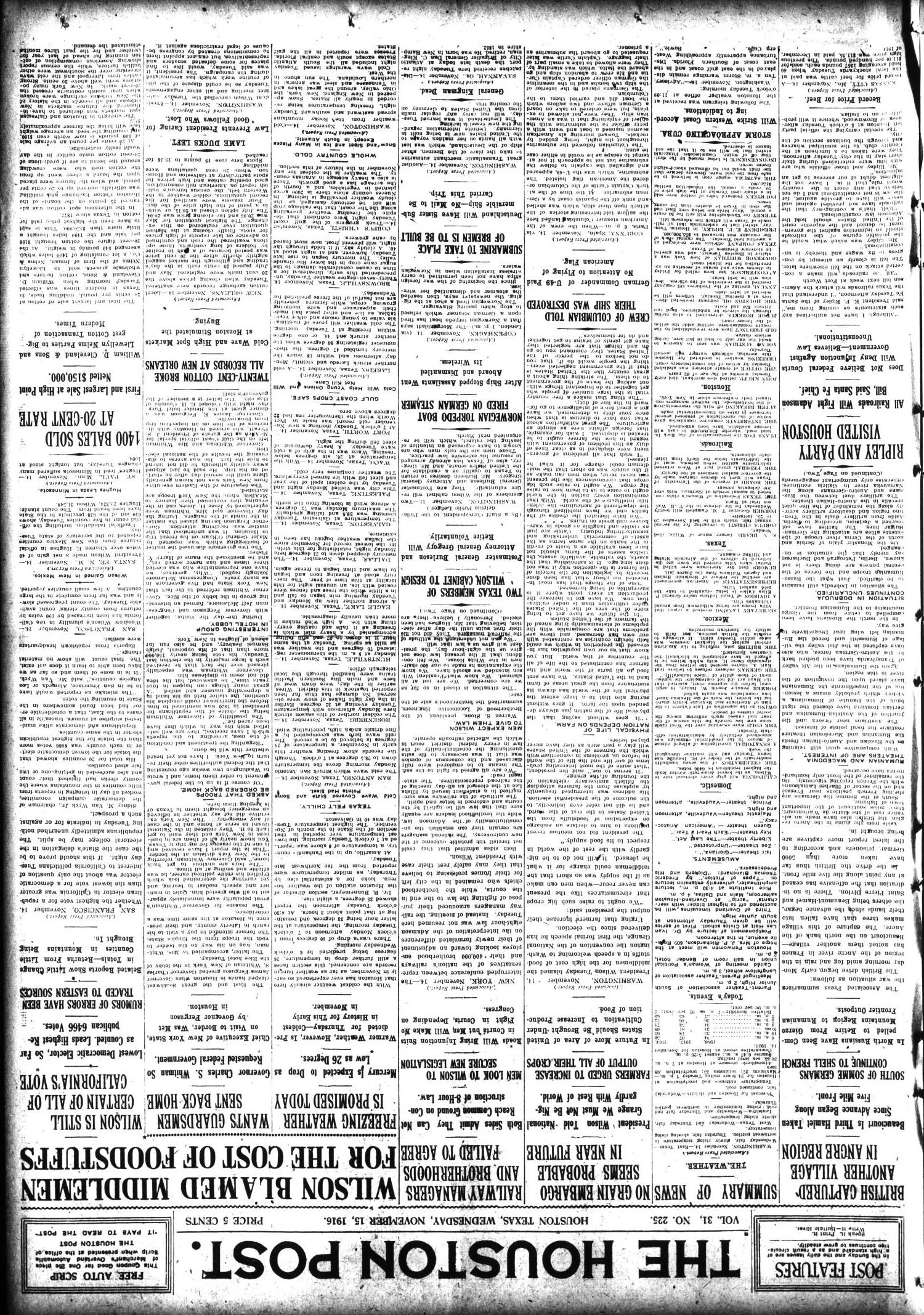 The Houston Post. (Houston, Tex.), Vol. 31, No. 225, Ed. 1 Wednesday, November 15, 1916
                                                
                                                    [Sequence #]: 1 of 14
                                                