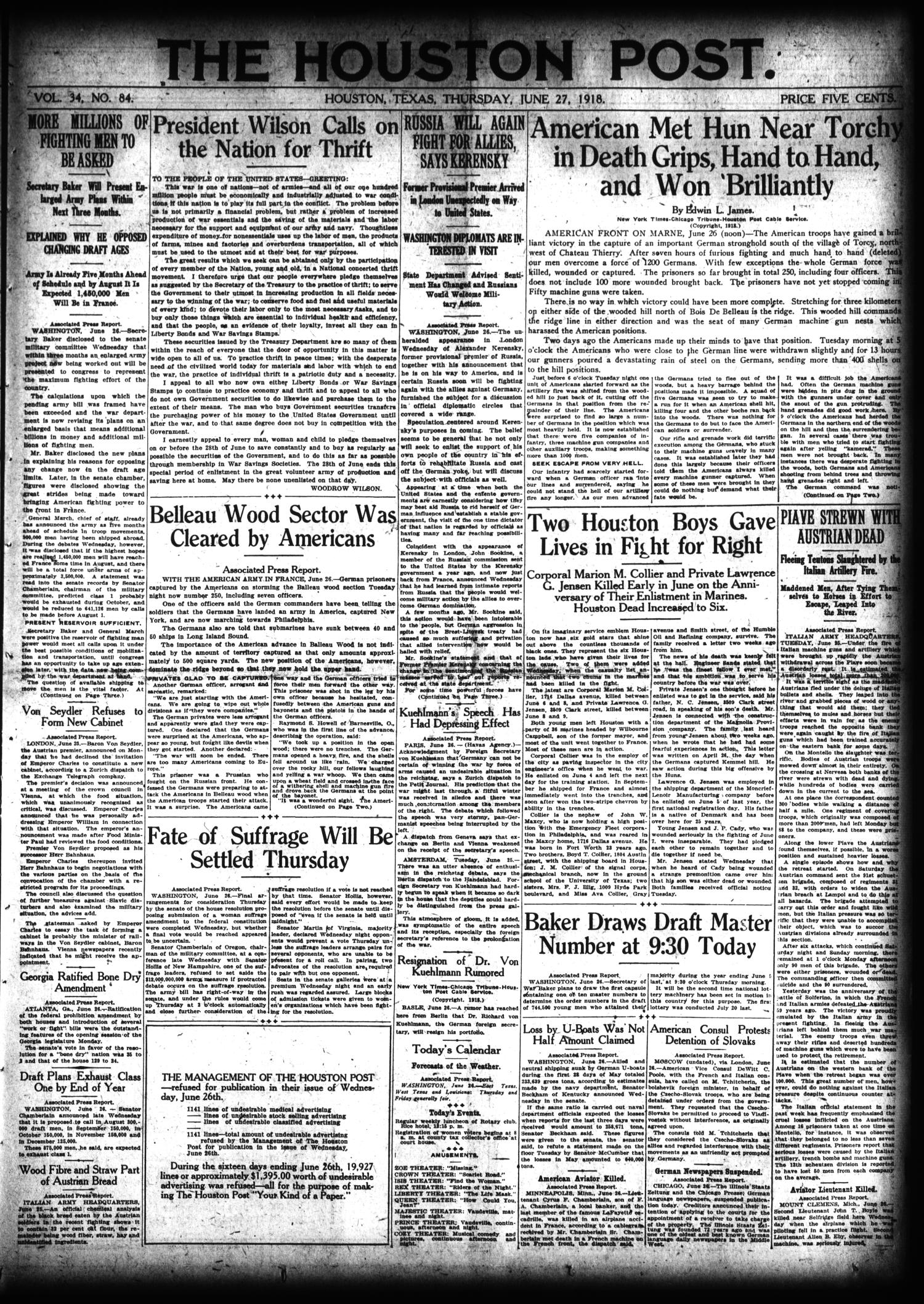 The Houston Post. (Houston, Tex.), Vol. 34, No. 84, Ed. 1 Thursday, June 27, 1918
                                                
                                                    [Sequence #]: 1 of 16
                                                