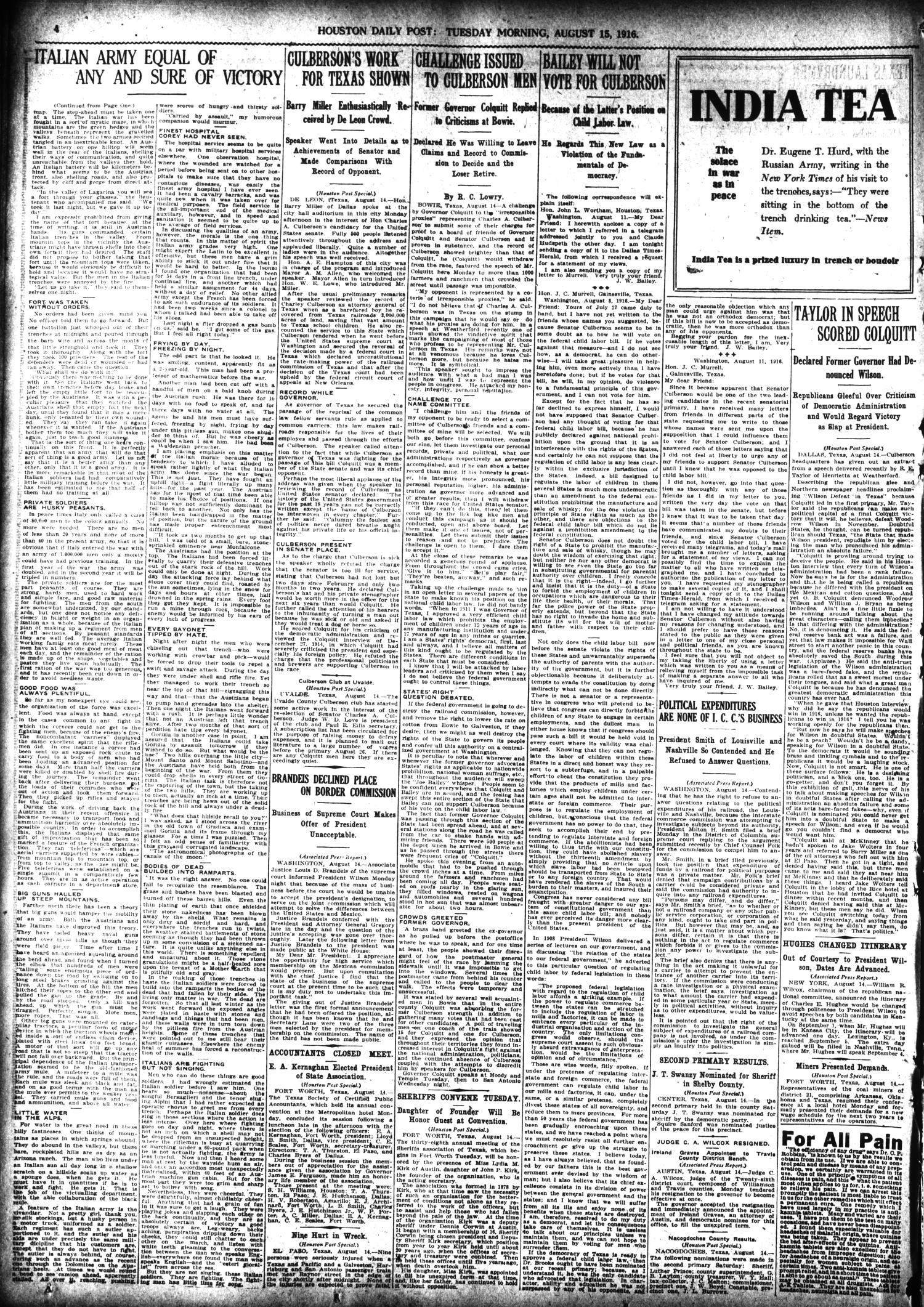 The Houston Post. (Houston, Tex.), Vol. 31, No. 133, Ed. 1 Tuesday, August 15, 1916
                                                
                                                    [Sequence #]: 4 of 16
                                                