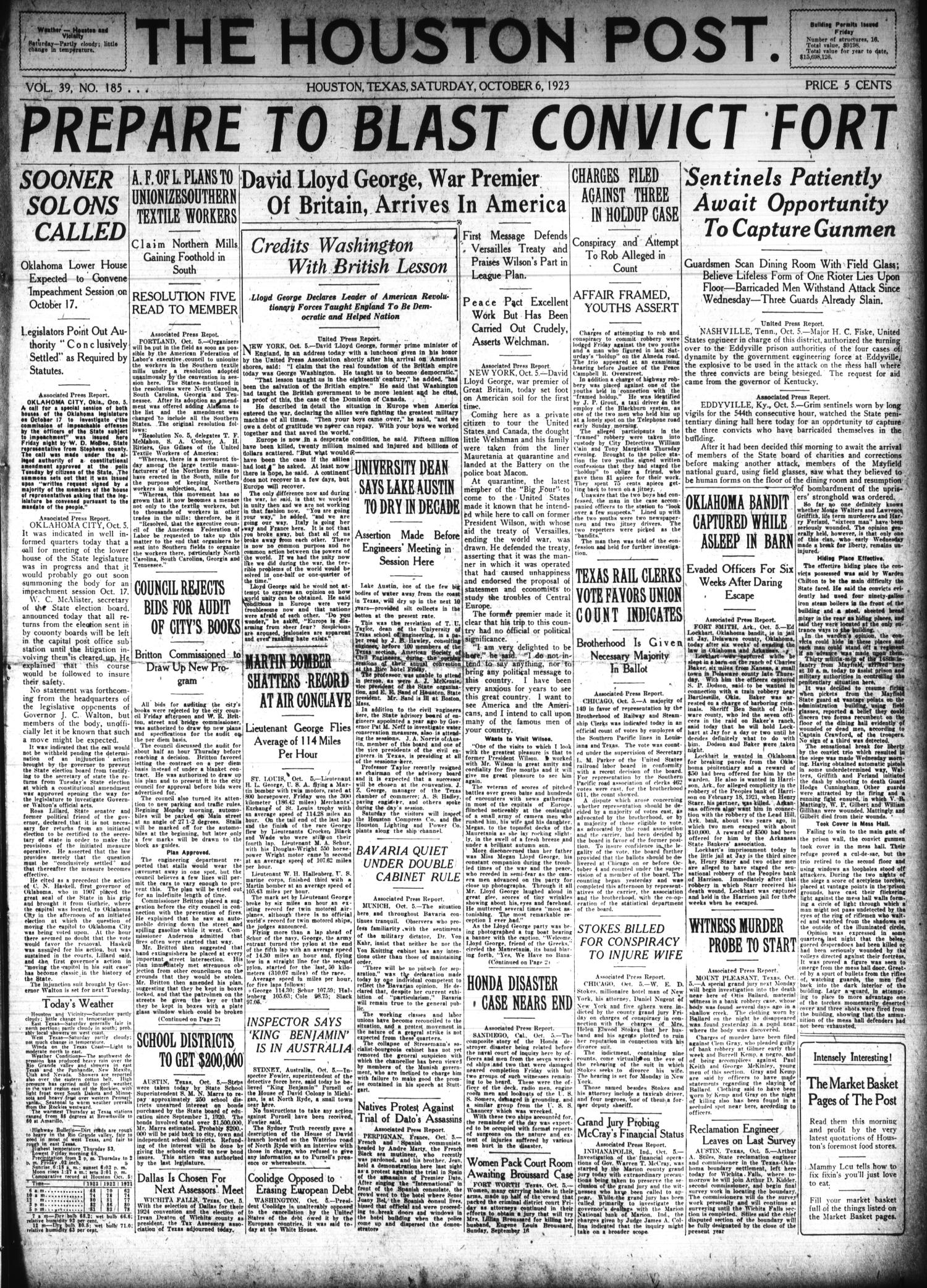 The Houston Post. (Houston, Tex.), Vol. 39, No. 185, Ed. 1 Saturday, October 6, 1923
                                                
                                                    [Sequence #]: 1 of 12
                                                