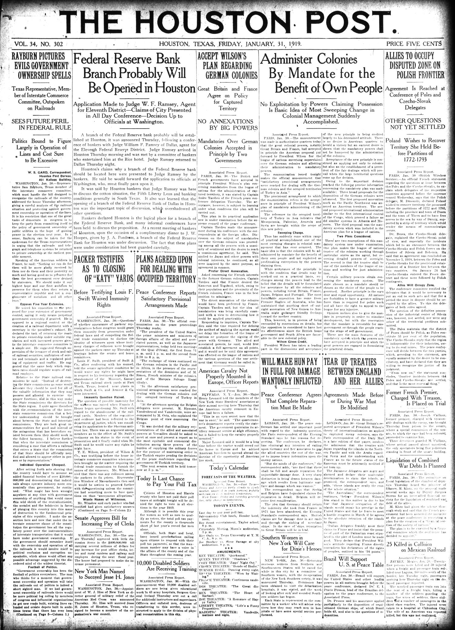 The Houston Post. (Houston, Tex.), Vol. 34, No. 302, Ed. 1 Friday, January 31, 1919
                                                
                                                    [Sequence #]: 1 of 14
                                                