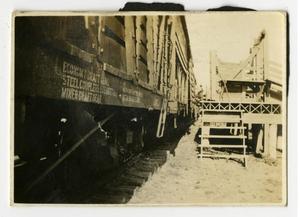 Primary view of object titled '[Box Cars by Loading Chute]'.