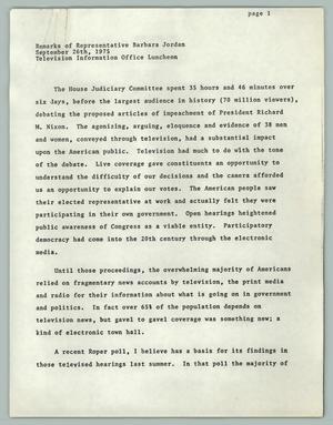 Remarks of Representative Barbara Jordan - September 26th, 1975 - Television Information Office Luncheon