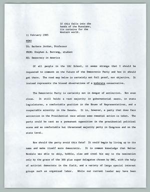 Primary view of object titled '[Memo from Stephen A. Berrang to Barbara C. Jordan - February 11, 1985]'.