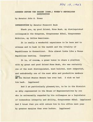 [John Tower Speech to Darien (Conn.) Women's Republican Assoc. about Administration, Nov. 15, 1963?]