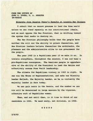 [Excerpts from John Tower Lincoln Day Dinner Speech about Potential Republican Victory for 1962 Election, 196u]