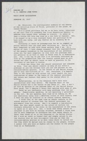 Primary view of object titled '[John Tower Speech on Centralized Power and the Vietnam War given to the Texas State Legislature in Austin, Texas, February 22, 1967]'.