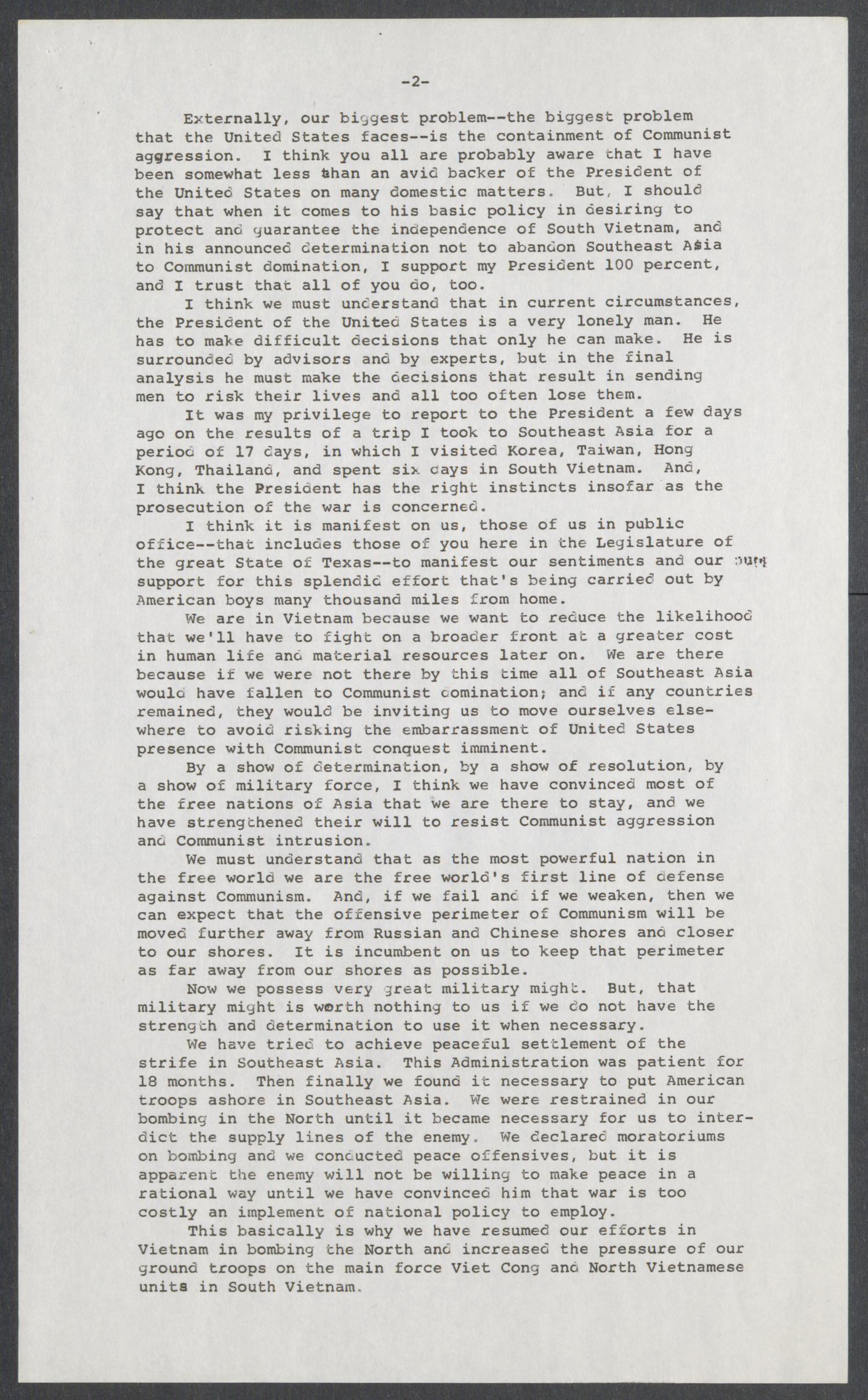 [John Tower Speech on Centralized Power and the Vietnam War given to the Texas State Legislature in Austin, Texas, February 22, 1967]
                                                
                                                    [Sequence #]: 3 of 8
                                                