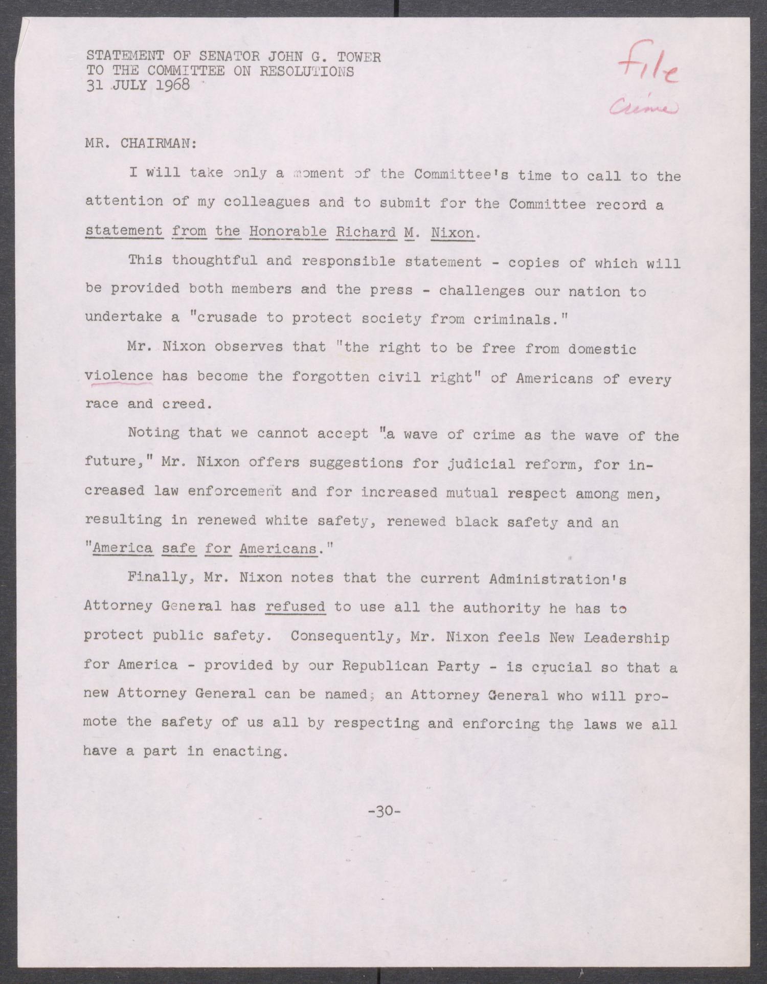 [John Tower Speech on Richard Nixon's Crime Remarks given to the Committee on Resolutions, July 31, 1968]
                                                
                                                    [Sequence #]: 1 of 2
                                                