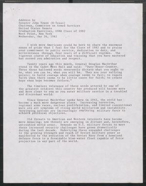 Primary view of object titled '[John Tower Speech at Graduation Exercises, USMA Class of 1982 about Defense Efforts, Westpoint, NY, May 26, 1982]'.