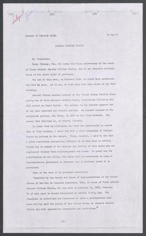 Primary view of object titled '[John Tower Speech Proposing Admiral Nimitz Day, February 20, 1967]'.