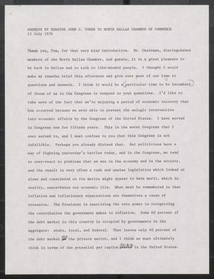 Primary view of object titled '[John Tower Speech to North Dallas Chamber of Commerce about the Economy, July 15, 1976]'.