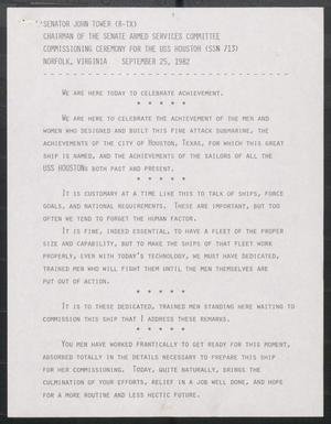 Primary view of object titled '[John Tower Speech at Ceremont for the USS Houston (SSN 713), Norfolk, Virginia, Sept. 25, 1982]'.
