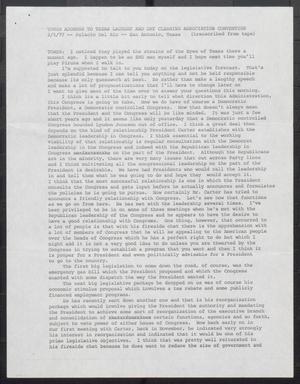 [John Tower Speech to Texas Laundry Dry Cleaning Assoc. Convention about Legislative Objectives, San Antonio, Feb. 5, 1977, transcribed]