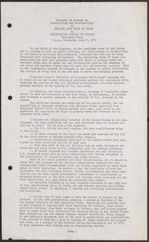 Primary view of object titled '[John Tower excerpts of address on productivity and profitability to Shipbuilders Council of America, June 7, 1972]'.