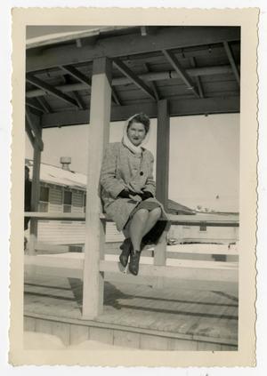 [Woman in Overcoat Sitting on a Rail]